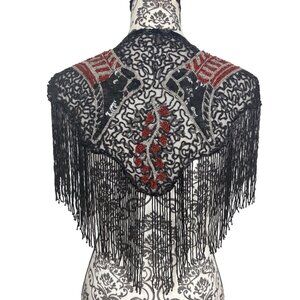 Vintage Western Beaded Fringe Shawl With Intricate Black Lace & Red Accents